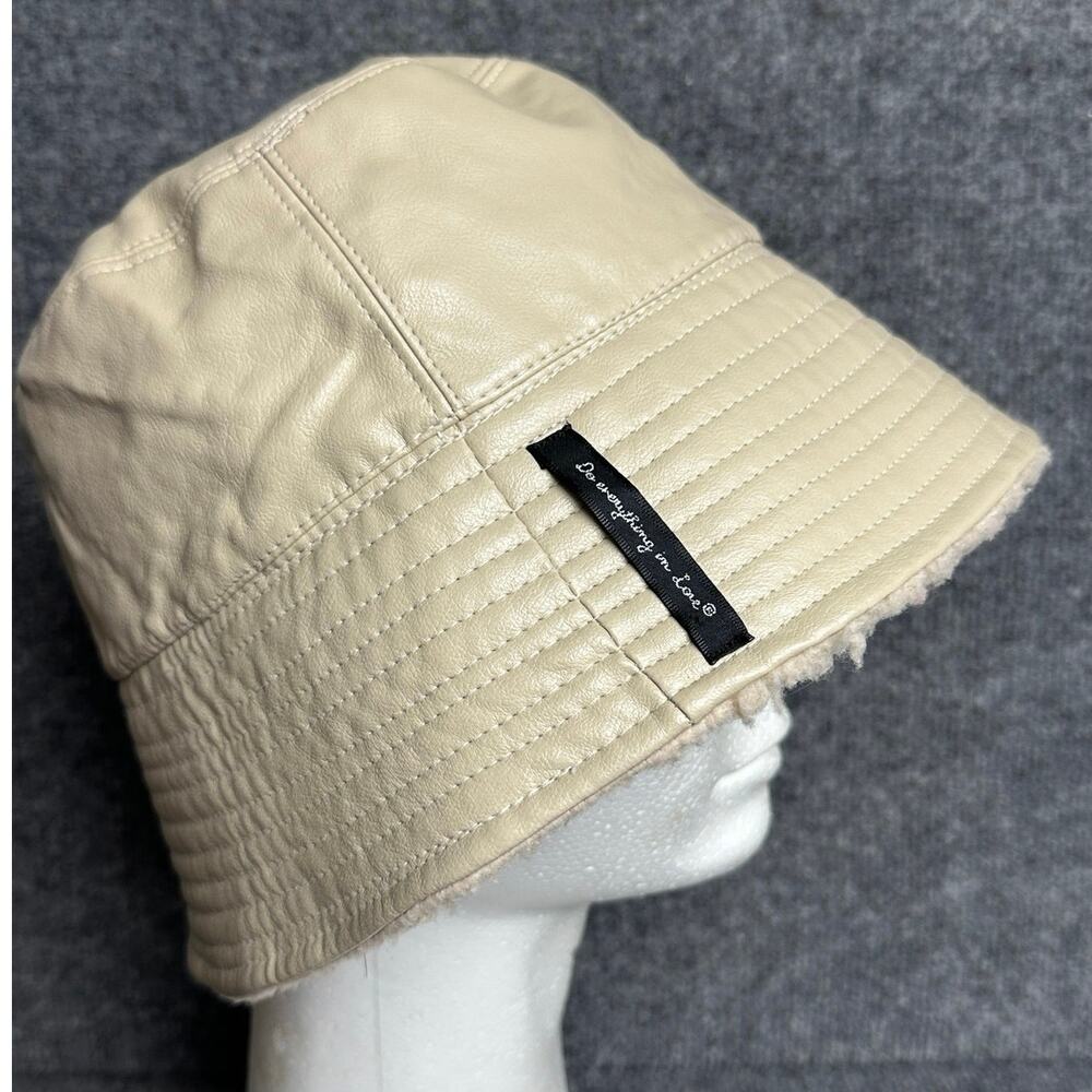 Tan faux leather bucket hat fleece lined women’s MED vegan neutral 21.5” inside